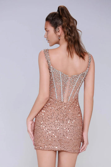 Luxe Sheath Scoop Neck Sleeveless Sequin Mesh Beaded Corset Homecoming Dress