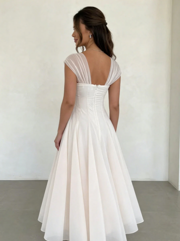 Elegant Chiffon A-Line Sweetheart Cap Sleeve Midi Wedding Dress Cocktail Dresses Tea-Length Graduation Dress