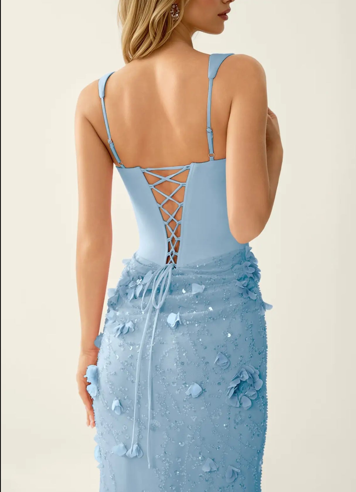 Vestido de noche de sirena con flores 3D, corsé con espalda con cordones, corte entallado, cuello cuadrado, sin mangas, con cordones, vestido de fiesta maxi formal
