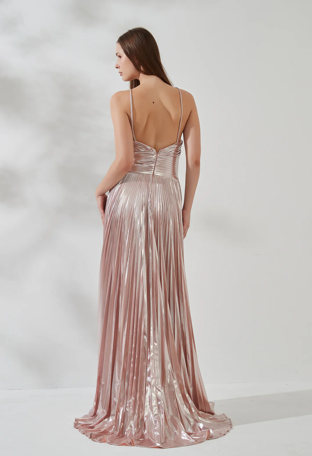 A-Line Spaghetti Strap Sleeveless Open Back Court Train Evening Gown With Pleated Side Slit