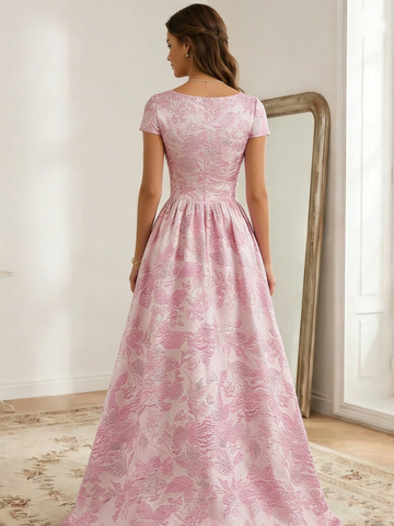 Elegant A-Line Floral Jacquard Prom Dresses with Split Side V Neck Short Sleeve Open Back Maxi Formal Dress