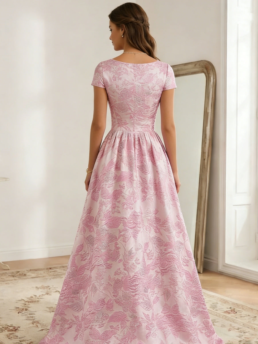 Elegantes vestidos de fiesta largos con abertura lateral, escote en V, manga corta y espalda abierta, de jacquard floral y corte en A