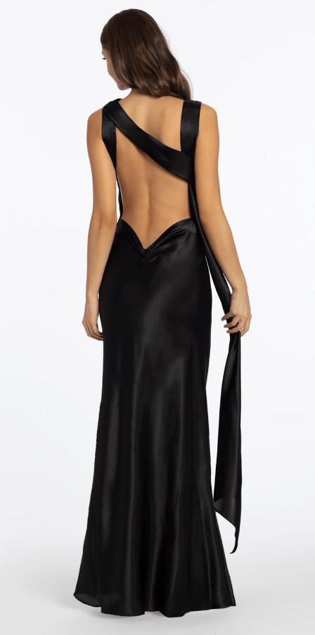 Satin Cowl Neck Halter Column Evening Dress with Side Ruching Open Back Formal Dress