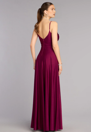 A-Line Deep V Neck Spaghetti Strap Open Back Slit Floor Length Prom Dress