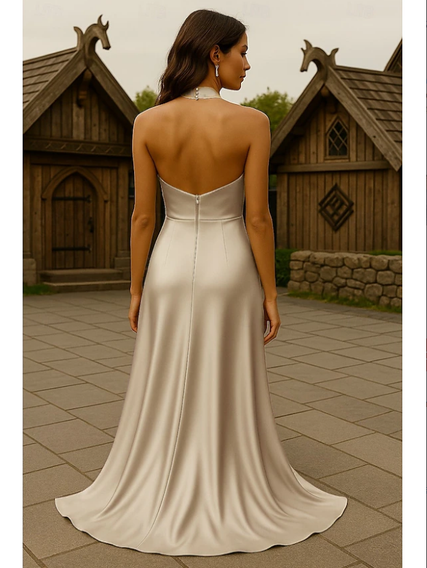 Vestido de Noche con Cola de Barrido en Línea A, Elegante, Delgado, con Drapeado, Cuello Halter, sin Mangas, Espalda Abierta, Vestido Formal