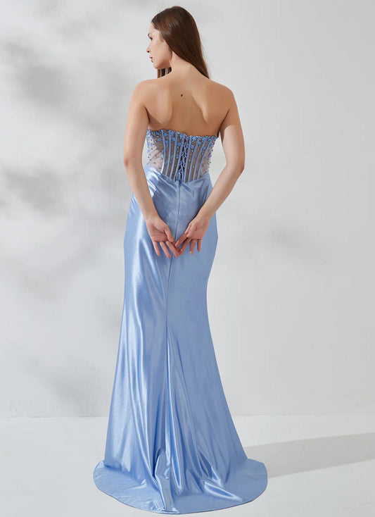 Elegant Mermaid Strapless Sweetheart Beaded Floor-Length Evening Gown Formal Satin Split Party Dress