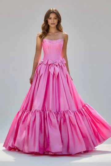 Glamorous Satin Ball Gown Strapless Corset Bow Ruffle Floor Length Prom Dress