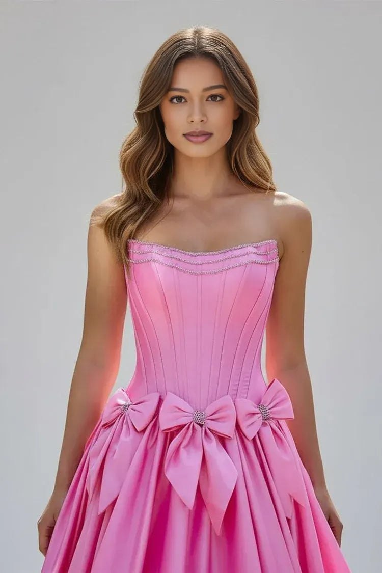 Glamorous Satin Ball Gown Strapless Corset Bow Ruffle Floor Length Prom Dress