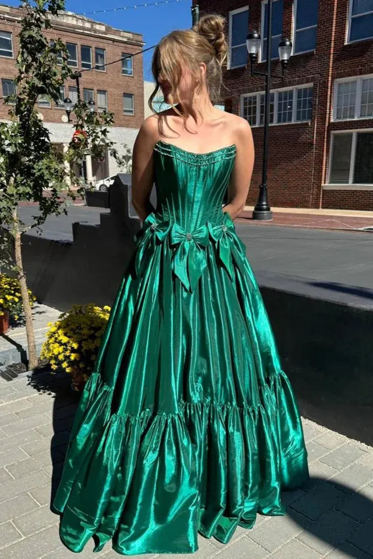 Glamorous Satin Ball Gown Strapless Corset Bow Ruffle Floor Length Prom Dress