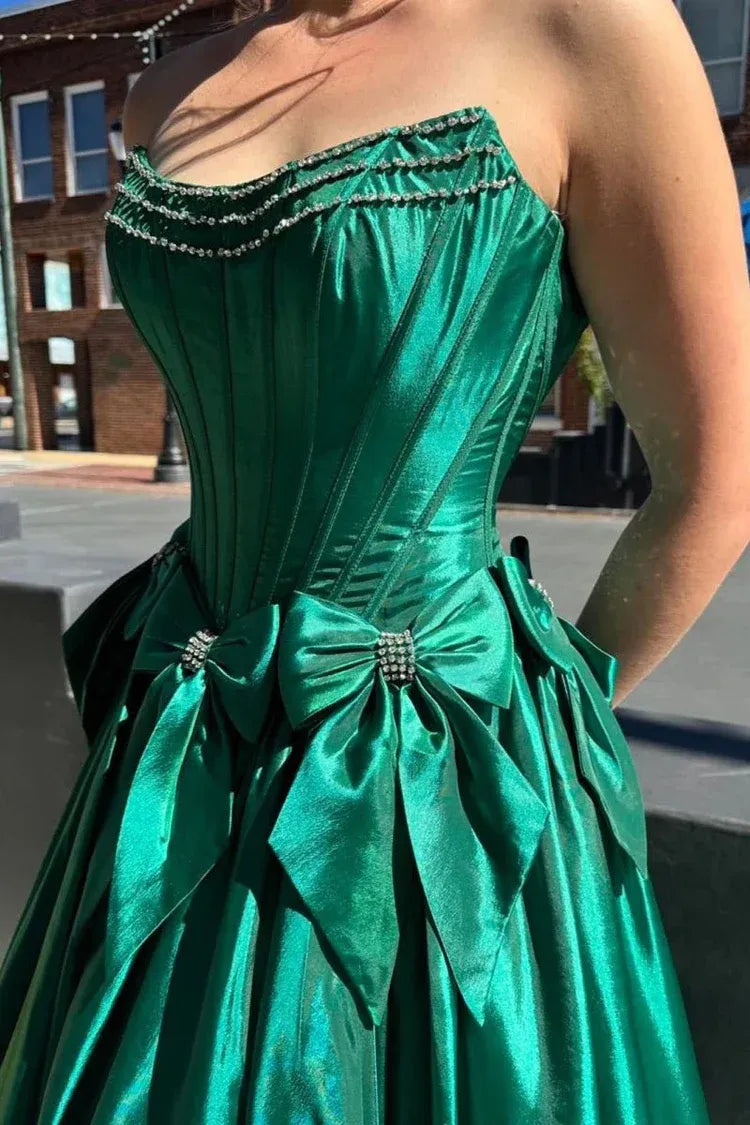 Glamorous Satin Ball Gown Strapless Corset Bow Ruffle Floor Length Prom Dress