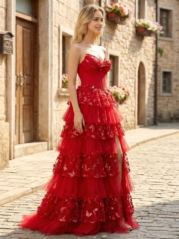 Vedress romantic ball gown prom dress with strapless sweetheart bodice and tiered tulle skirt