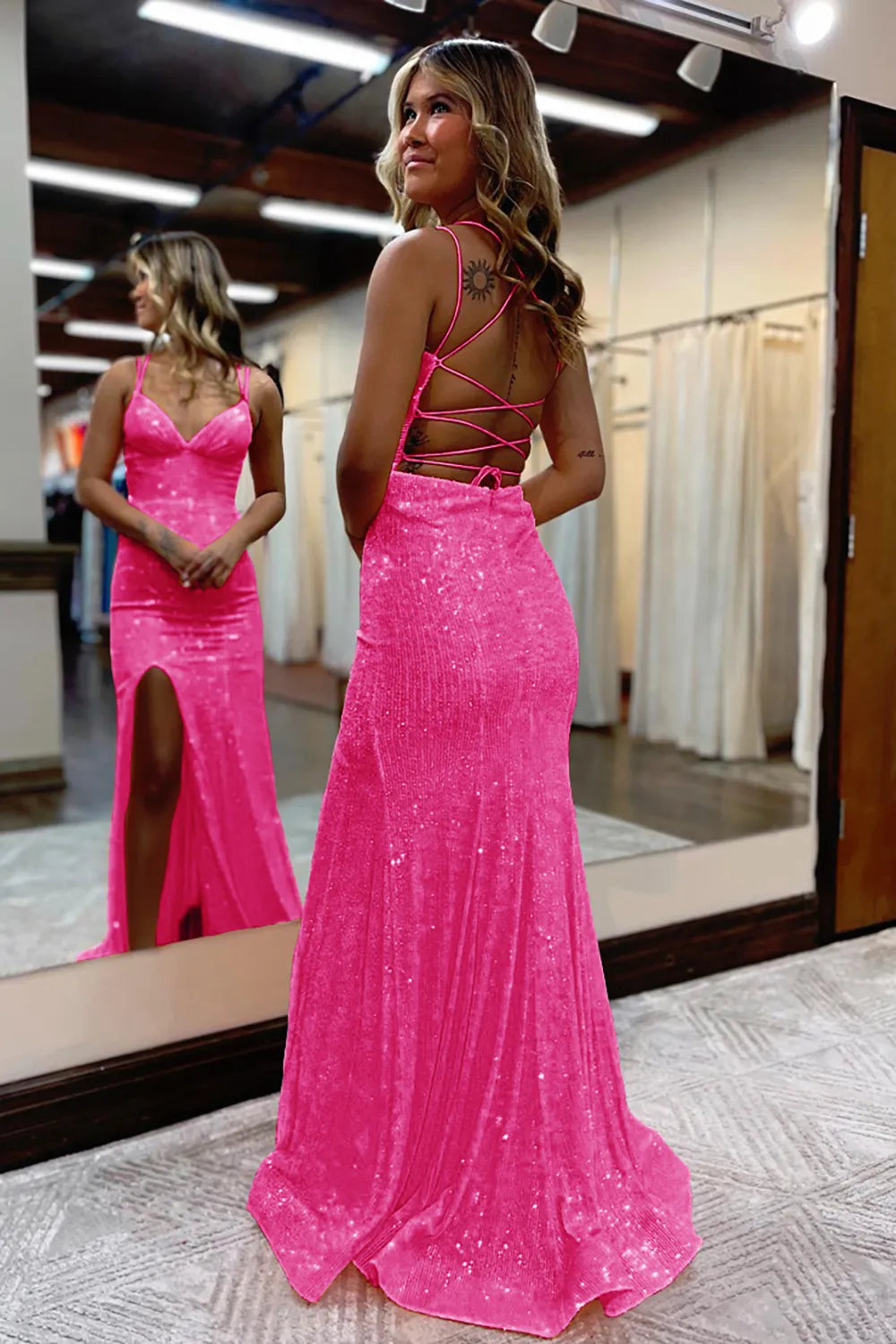 Sheath Plunging V Neck Spaghetti Strap Sequin Lace-Up High Slit Prom Special Occasion Formal Gown