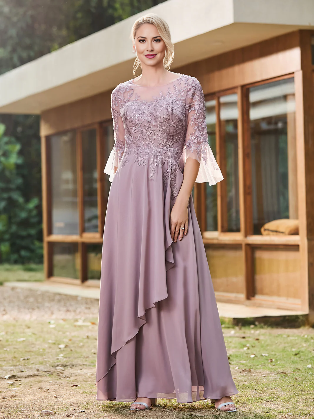 Lace Appliques Chiffon Mother of the Bride Dress, Illusion Neck 3/4 Bell Sleeve Wedding Guest Dress