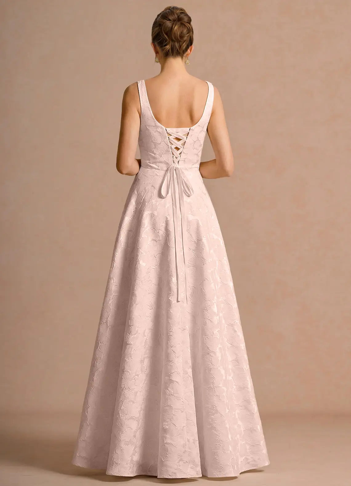 Elegant A-line Square Sleeveless Jacquard Maxi Lace-up Back Wedding Guest Dress