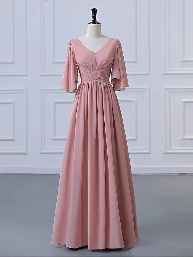 V-Neck Flutter Sleeve Ruched Waist Chiffon A-Line Bridesmaid Maxi Dress with Lace-Up Back