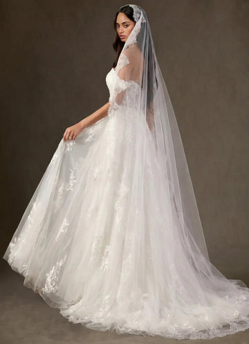 Romantic Sheer Tulle Scalloped Floral Lace Cathedral Mantilla Bridal Wedding Veil