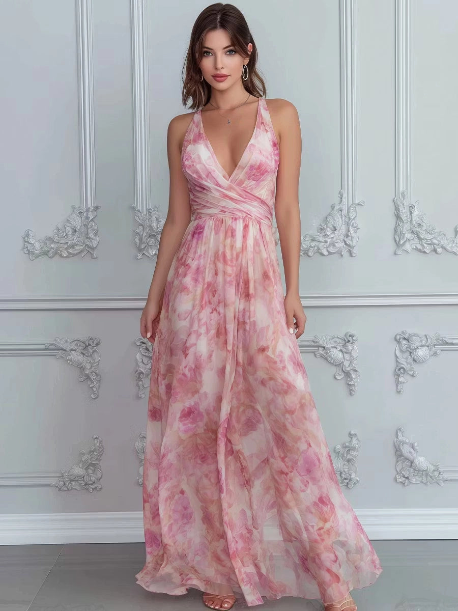 Floral A-line V-neck Halter Crisscross Back Floor Length Bridesmaid Dress