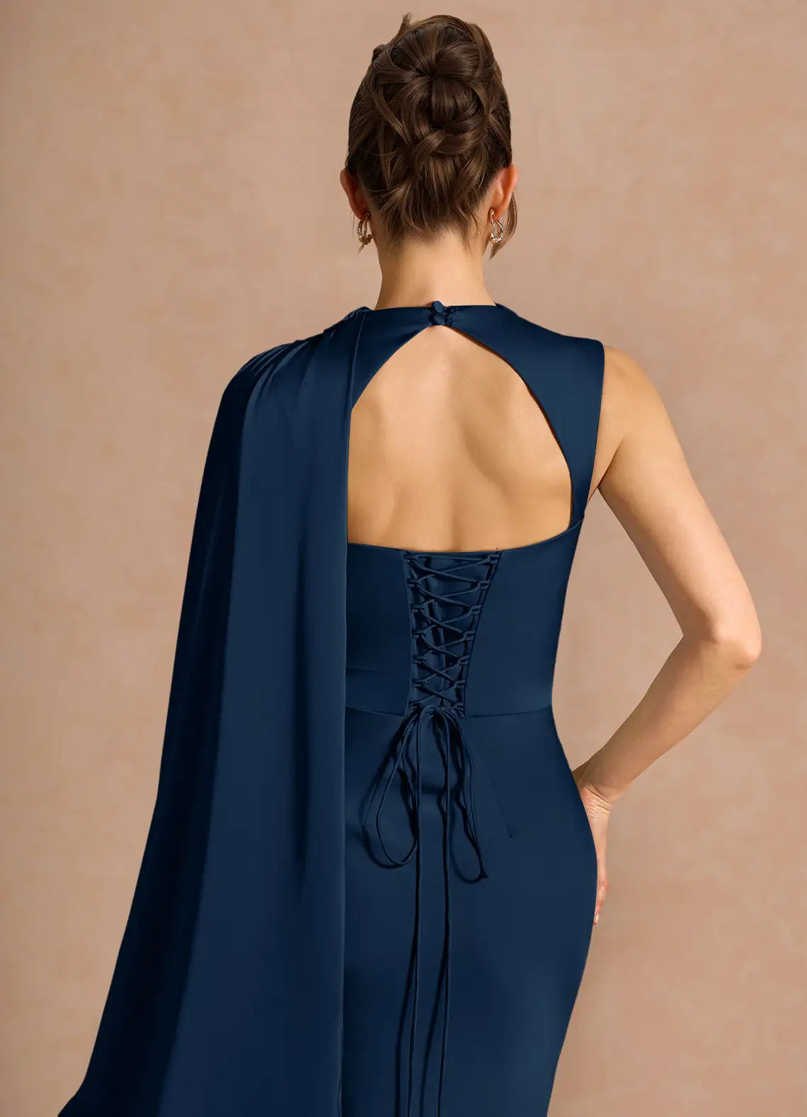Luxury Mermaid Highneck Sleeveless Satin Maxi Cape Lace-up Formal Evening Dress