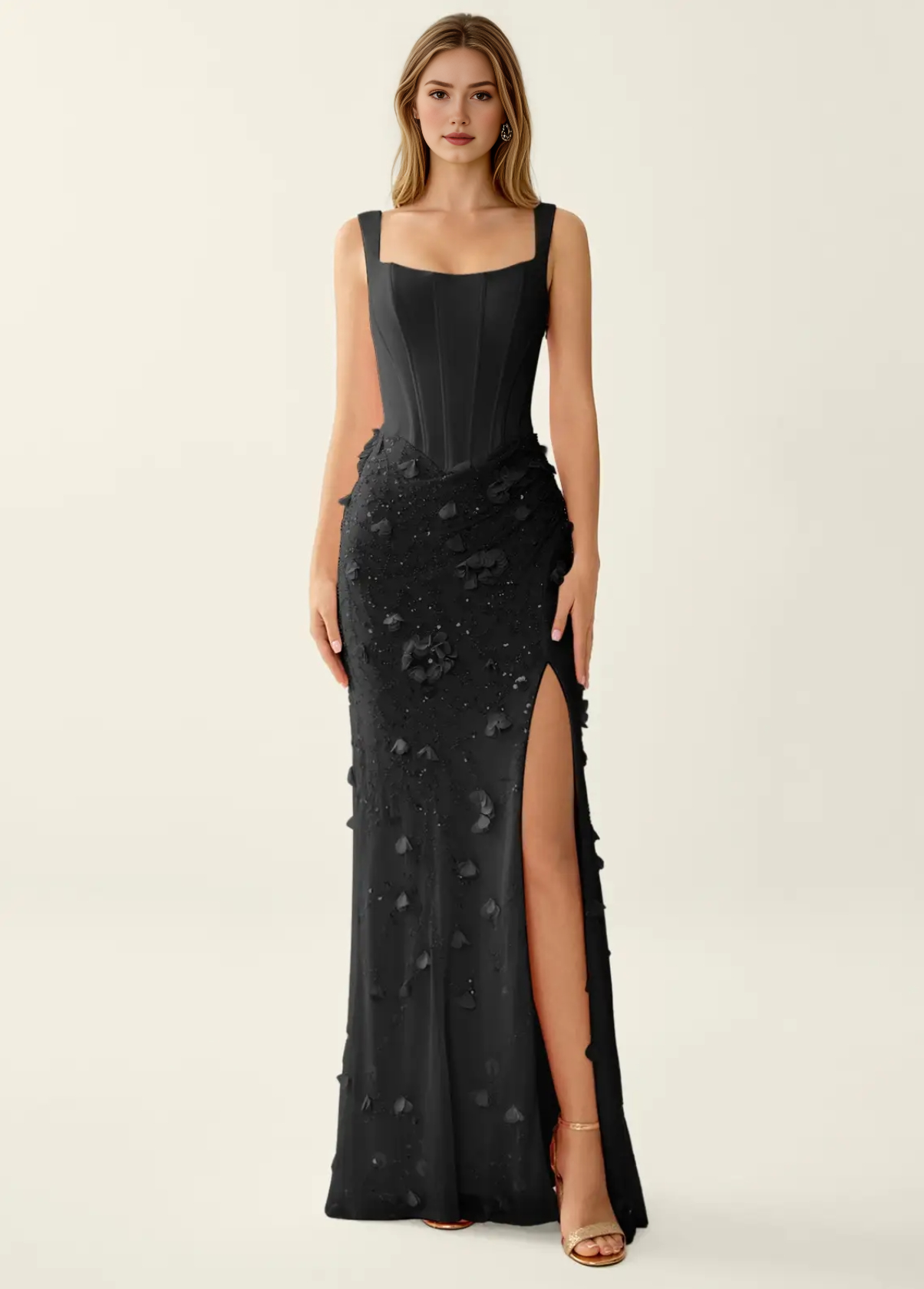 Vestido de noche de sirena con flores 3D, corsé con espalda con cordones, corte entallado, cuello cuadrado, sin mangas, con cordones, vestido de fiesta maxi formal