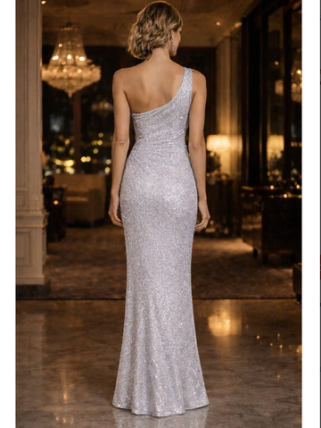 Glamorous Mermaid Metallic One Shoulder Sleeveless Open Back Slit Floor Length Evening Gown