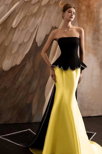 Regal Mermaid Straight Neck Strapless Cape Back Floor Length Evening Dress