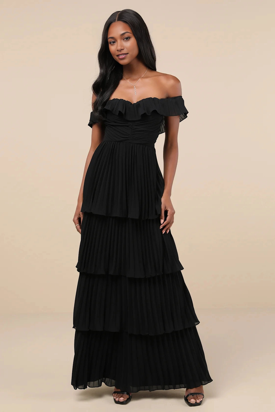 Vedress Chiffon Tiered Off Shoulder Open Back Maxi Bridesmaid Gown
