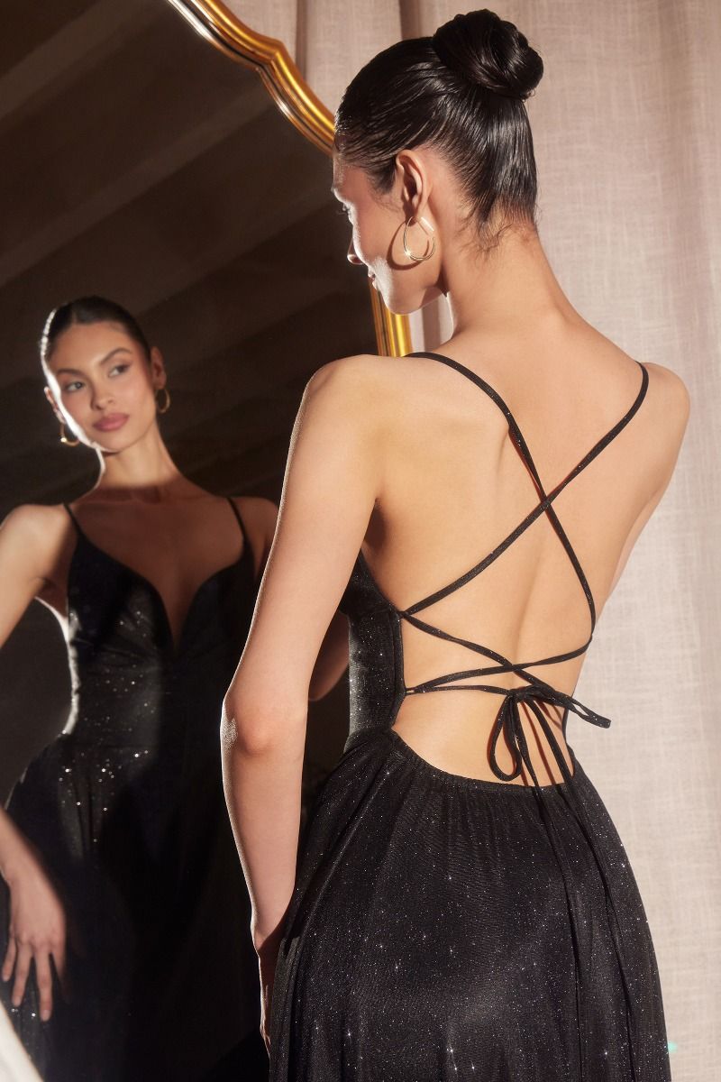 Vestido de noche largo de lentejuelas con escote en V profundo y corte en A - Vestido de fiesta formal con tirantes finos y abertura alta