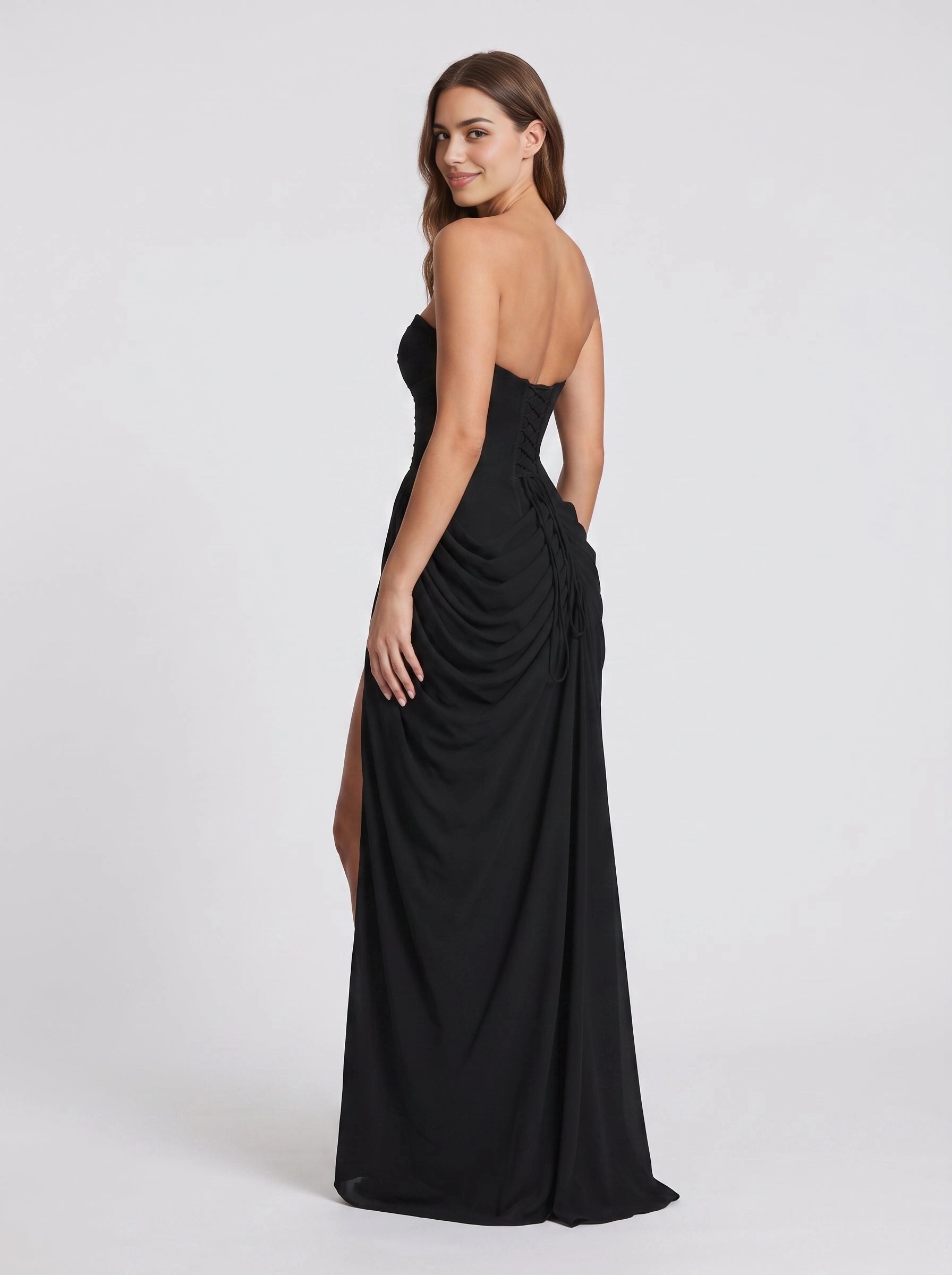 Black a‑line long bridesmaid dress strapless draped ruched bodice chiffon high‑slit skirt lace‑up corset back formal gown from Vedress
