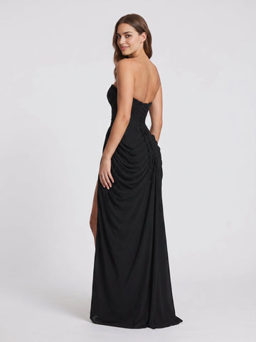 Black a‑line long bridesmaid dress strapless draped ruched bodice chiffon high‑slit skirt lace‑up corset back formal gown from Vedress