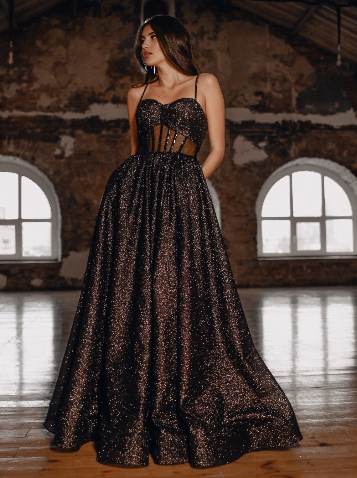 SparklingSequin Vestido de fiesta de noche con hombros descubiertos, corte A, princesa, con corsé de cordones y brillo