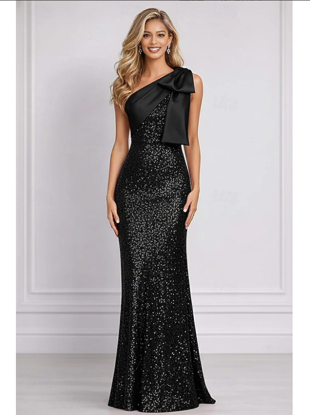 Radiant Fuchsia Sheath One-Shoulder Sleeveless Sequin Bow Prom Gown