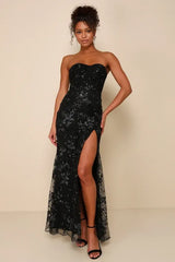 Glamorous Mermaid Maxi Dress Strapless Open Back Sequin Tulle Floor-Length Prom Dress