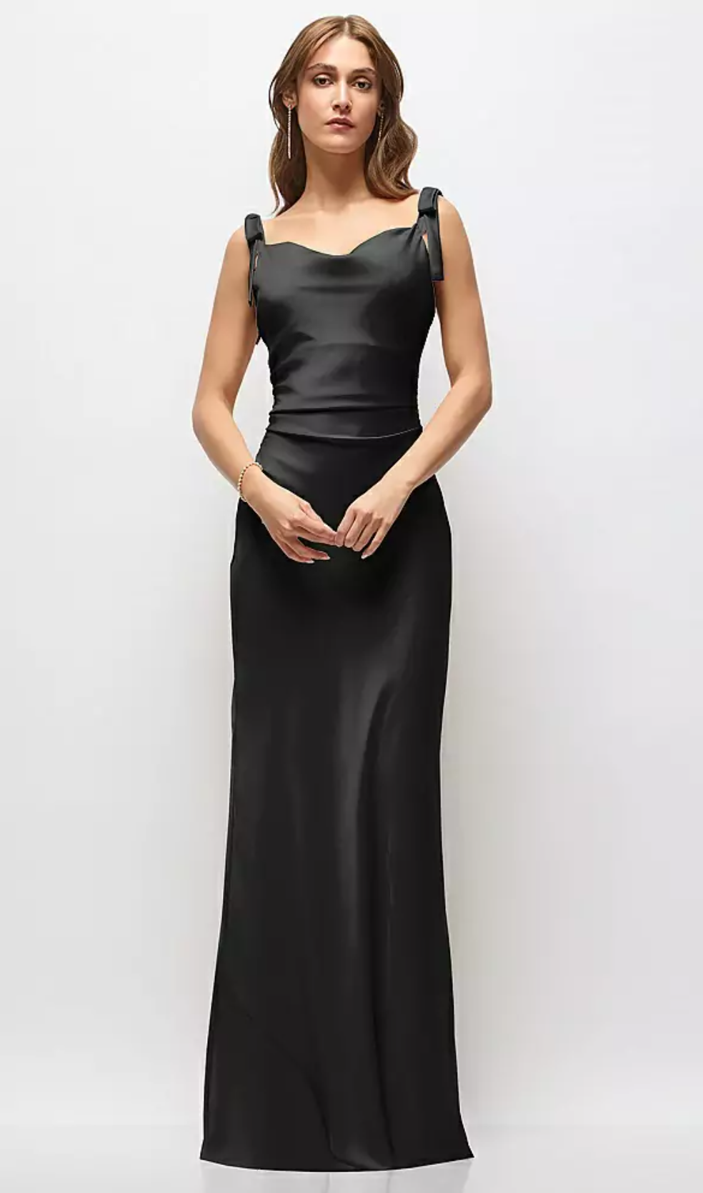 Women's Satin Cowl Neck Maxi Dress with Bow Shoulder Straps & Ruched Waist Formal Evening Gown Bridesmaid Dresses