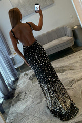 Sparkly Mermaid V Neck Gold Sequins Long Prom Dress Open Back Sweep/Brush Evening Dresses With Slit