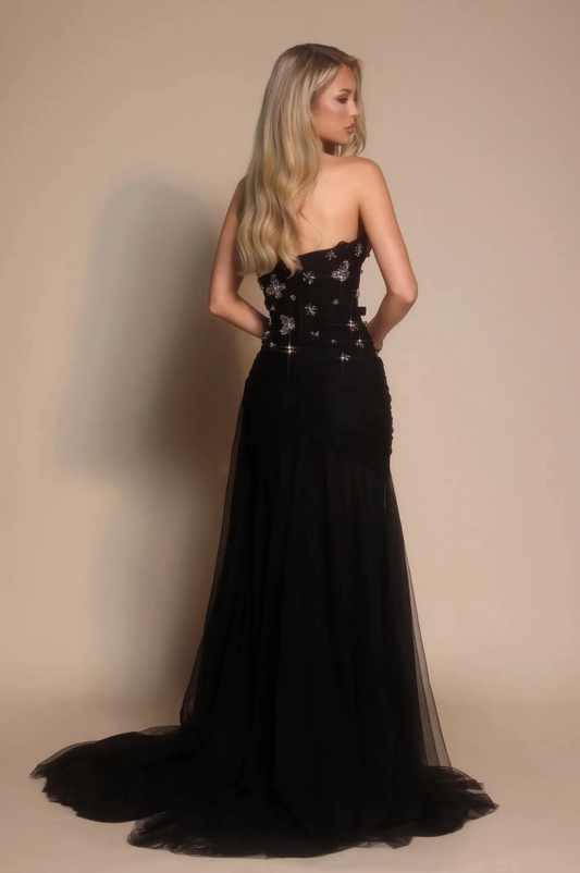 Strapless Sweetheart Neck Tulle Maxi Dress with Rhinestone Floral Appliqué Formal Evening Gown