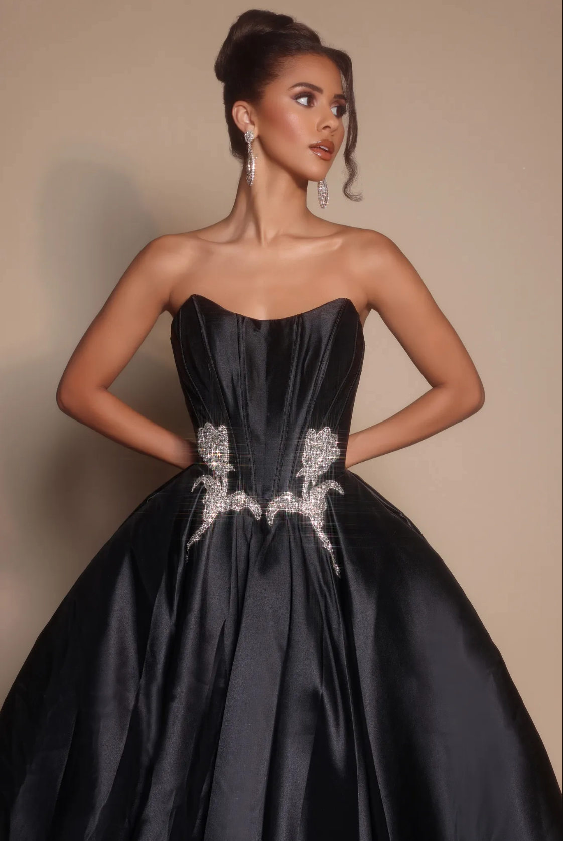 A-Line Princess Ball gown Strapless Satin with Rhinestone Floral Waist Accent Formal Evening Dress