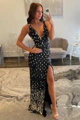 Sparkly Mermaid V Neck Gold Sequins Long Prom Dress Open Back Sweep/Brush Evening Dresses With Slit