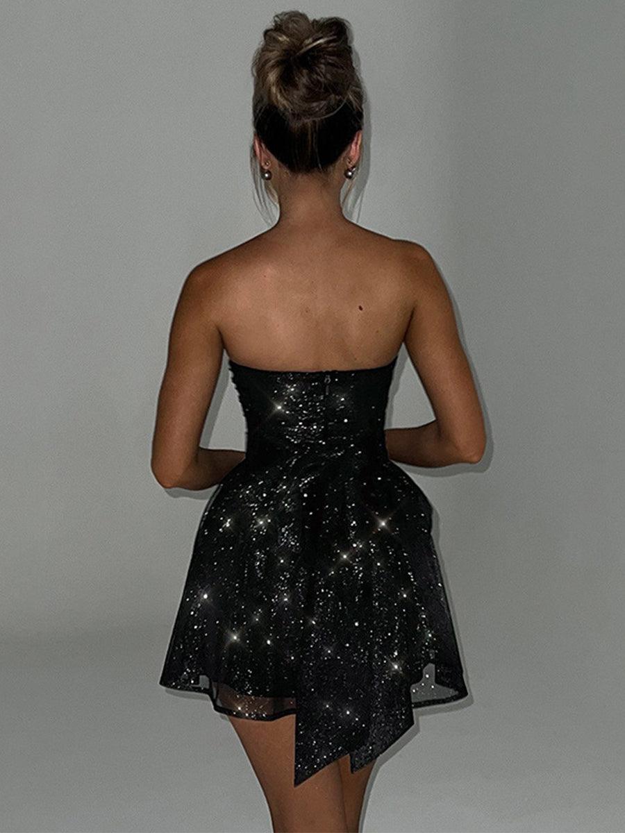 Minivestido sin tirantes con lentejuelas brillantes y lazo en la espalda, dobladillo asimétrico, vestido de fiesta con silueta en A para regreso a casa