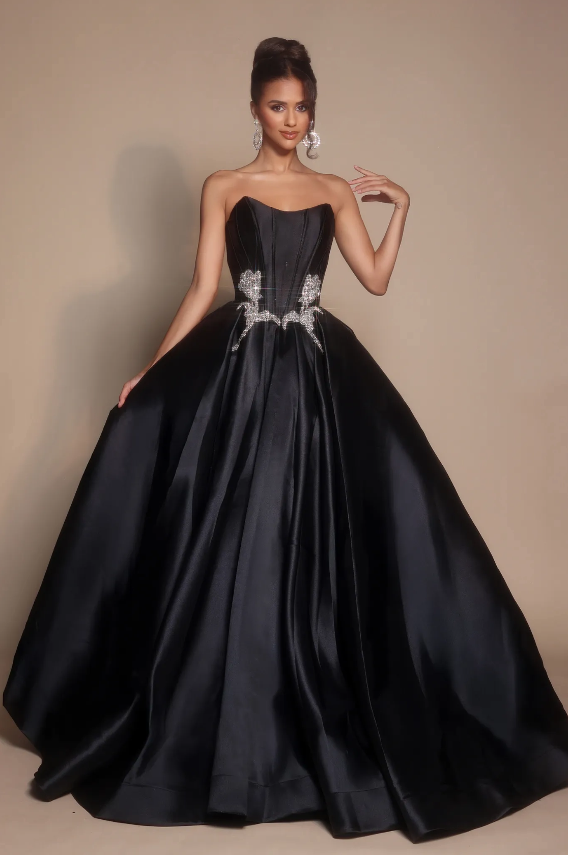 A-Line Princess Ball gown Strapless Satin with Rhinestone Floral Waist Accent Formal Evening Dress