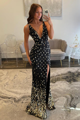 Sparkly Mermaid V Neck Gold Sequins Long Prom Dress Open Back Sweep/Brush Evening Dresses With Slit