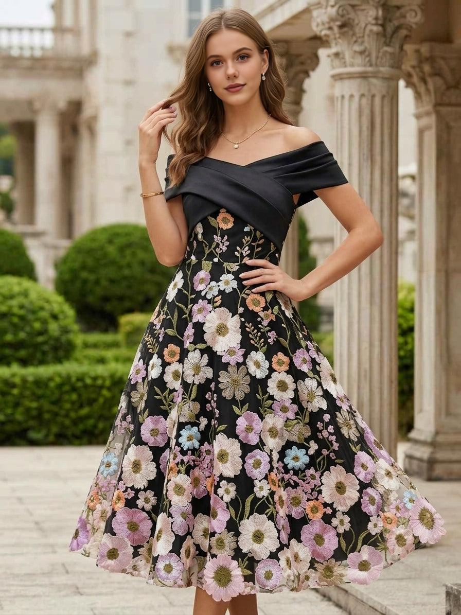 Elegant Floral A-line Off Shoulder Short Sleeve Tea Length Party Dress  Floral Lace Embroidery Satin Formal Gown