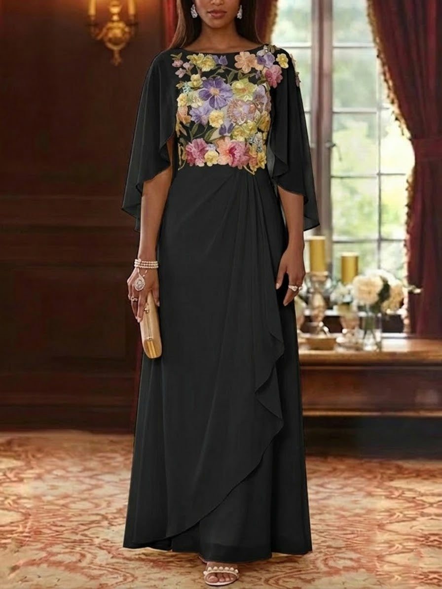 Elegant Scoop Chiffon Mother of the Bride Dresses Lace Floral Embroidered Round Neck Cape Sleeve Maxi Formal Gown