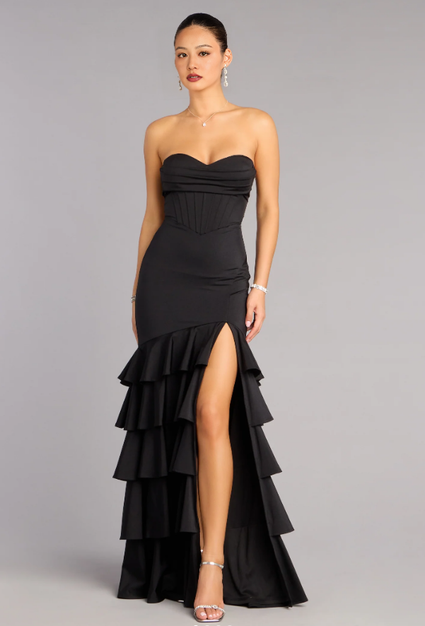 Mermaid Strapless Sleeveless Corset Lace Up Back Floor Length Evening Gown With Ruffled High-Slit