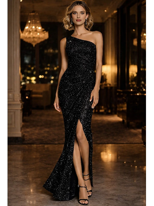 Glamorous Mermaid Metallic One Shoulder Sleeveless Open Back Slit Floor Length Evening Gown
