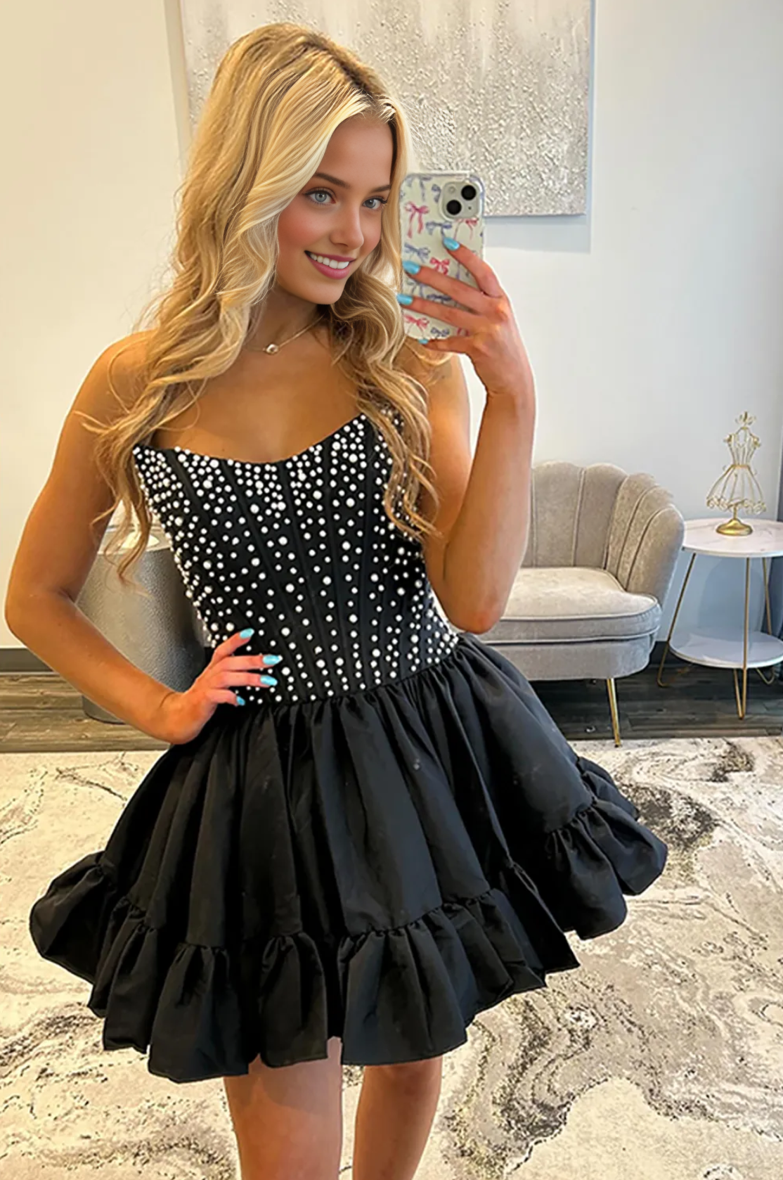 Sweetheart Beaded Ruffle Mini Satin Strapless Pearls Short Corset Homecoming Dress