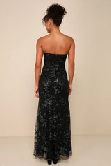 Glamorous Mermaid Maxi Dress Strapless Open Back Sequin Tulle Floor-Length Prom Dress