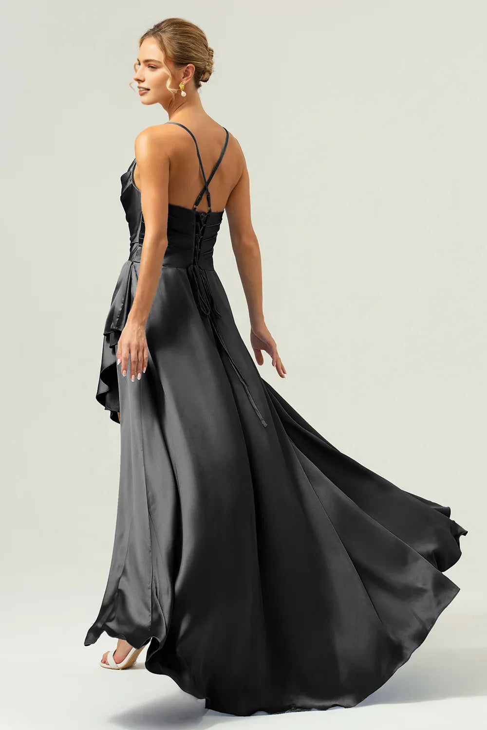 Graceful A-Line Cowl Neck Sleeveless Satin Ruffle Wedding Guest Dress High-Slit Evening Gown