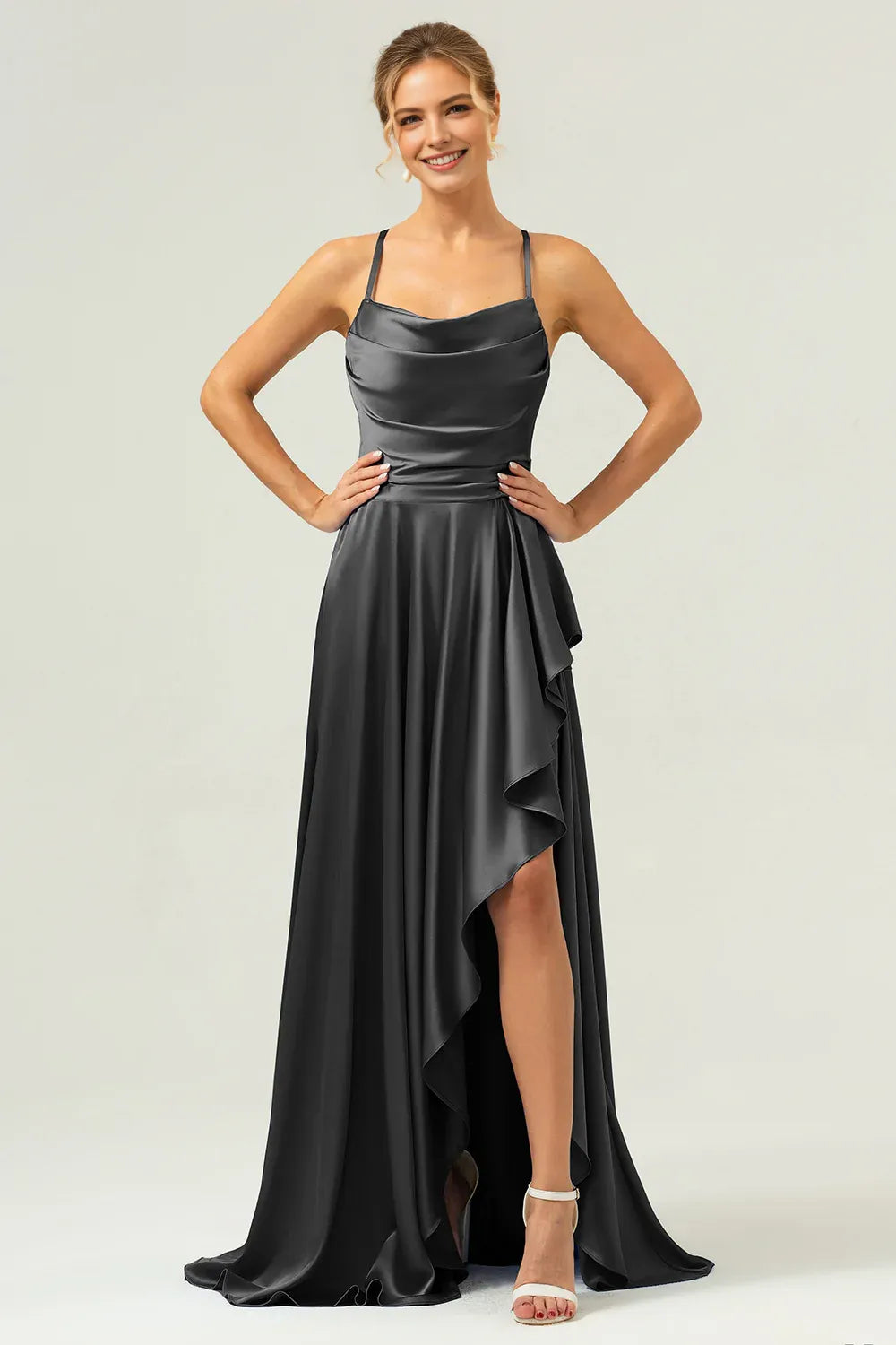 Graceful A-Line Cowl Neck Sleeveless Satin Ruffle Wedding Guest Dress High-Slit Evening Gown