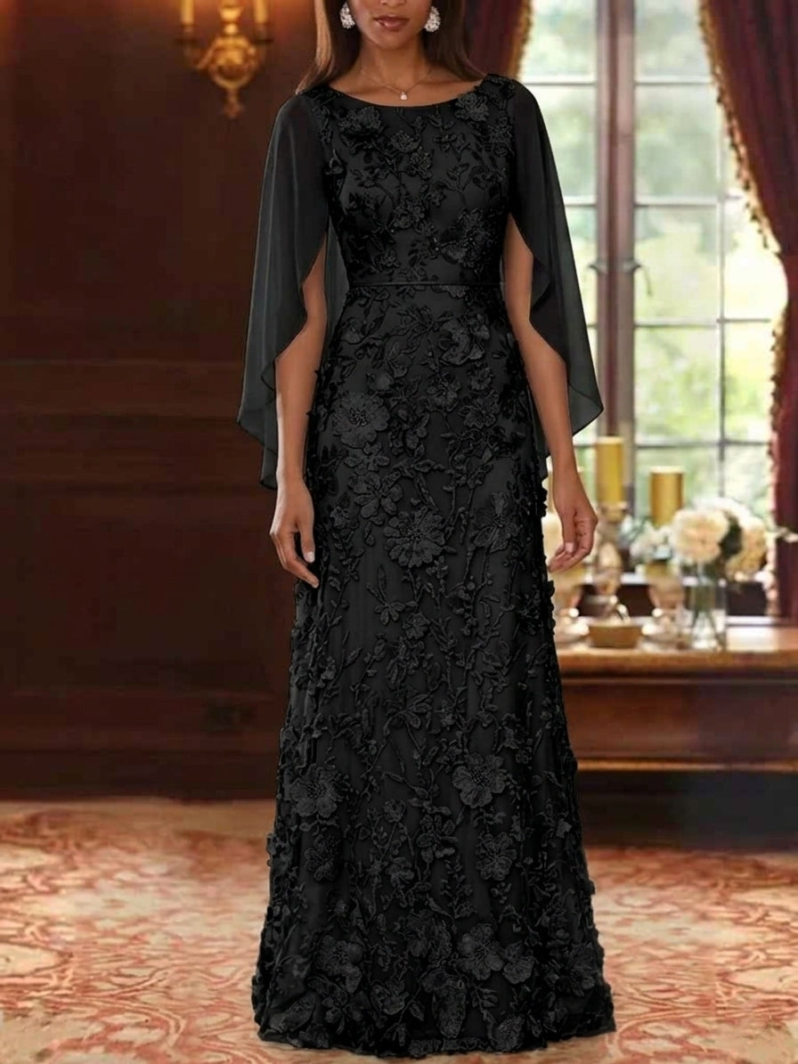 A-Line Scoop Chiffon Maxi Formal Mother of the Bride Dresses Lace Floral Floor-Length Cape Sleeves Evening Gown