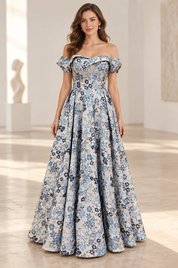 Blue floral off shoulder A-line floor length wedding guest dress front view